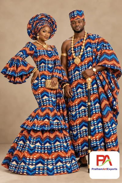 Meba Wo Abrokyere Kente Embroidered Fabric – Royal Blue & Orange Chevron Stripes (G27)
