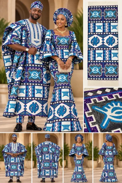 Meba Wo Abrokyere Kente Embroidered Fabric – Navy, Blue & White Eye & Wave Motifs (G10)