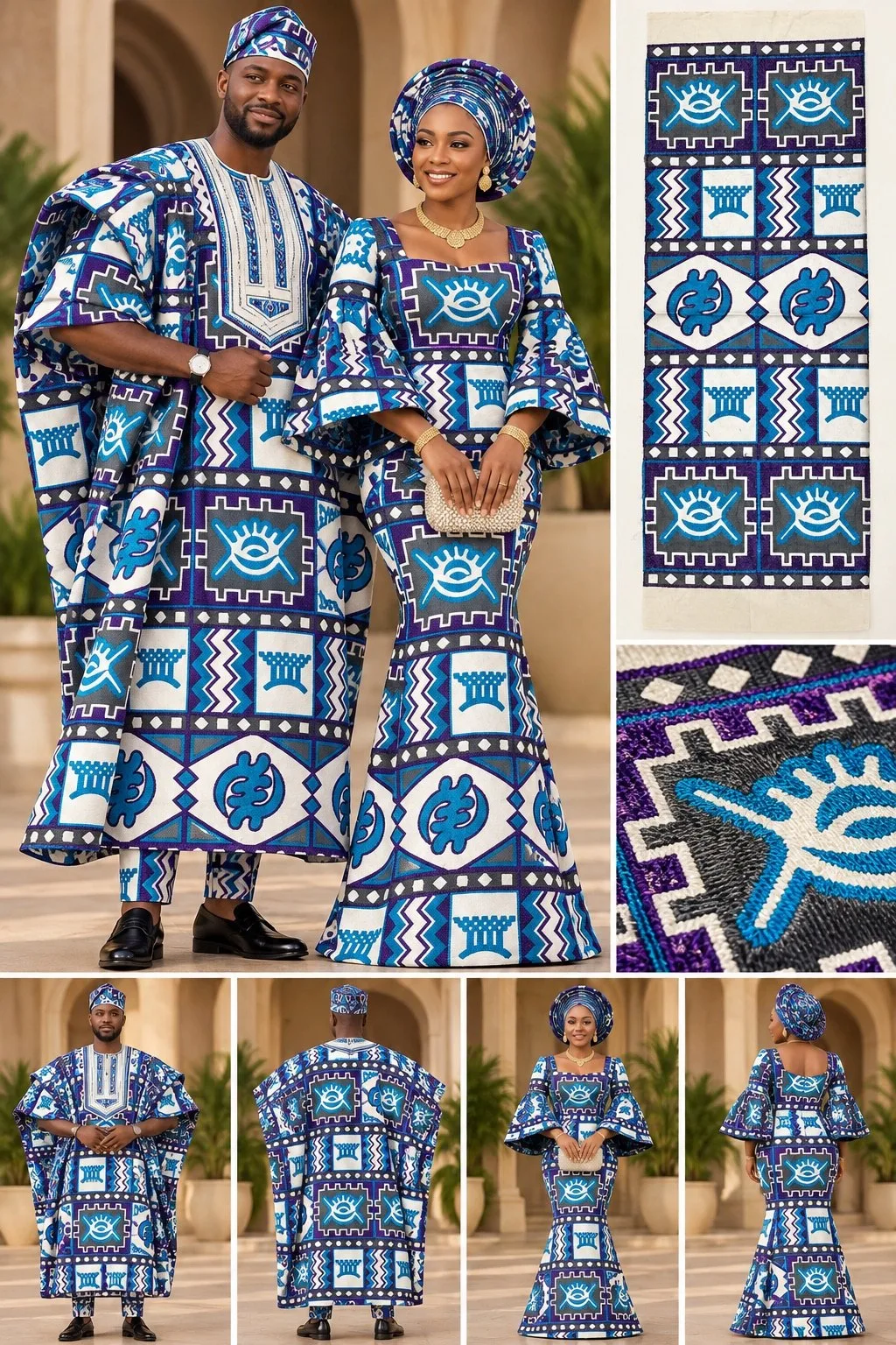 Meba Wo Abrokyere Kente Embroidered Fabric – Navy, Blue & White Eye & Wave Motifs (G10)