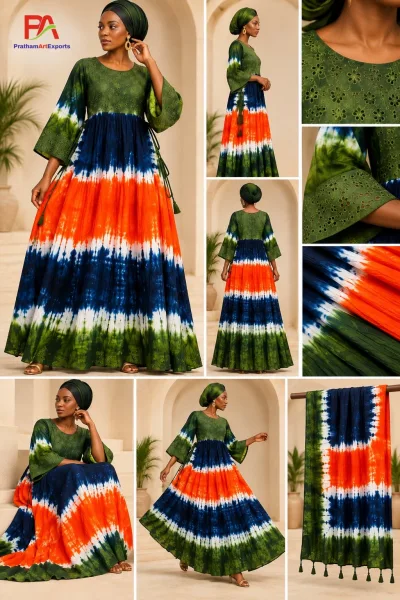 Navy, Orange & Green Tie-Dye Stripe Kaftan Dress with Schiffli Work & Dupatta (D.No DR12)