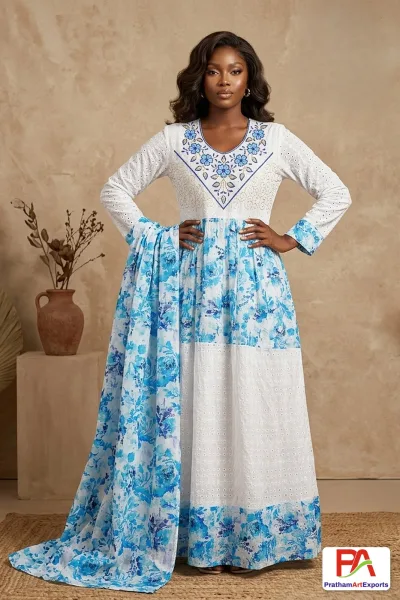 Schiffli Eyelet Floral Print Kaftan Dress with Dupatta – 4 Colours (D.No 1026)