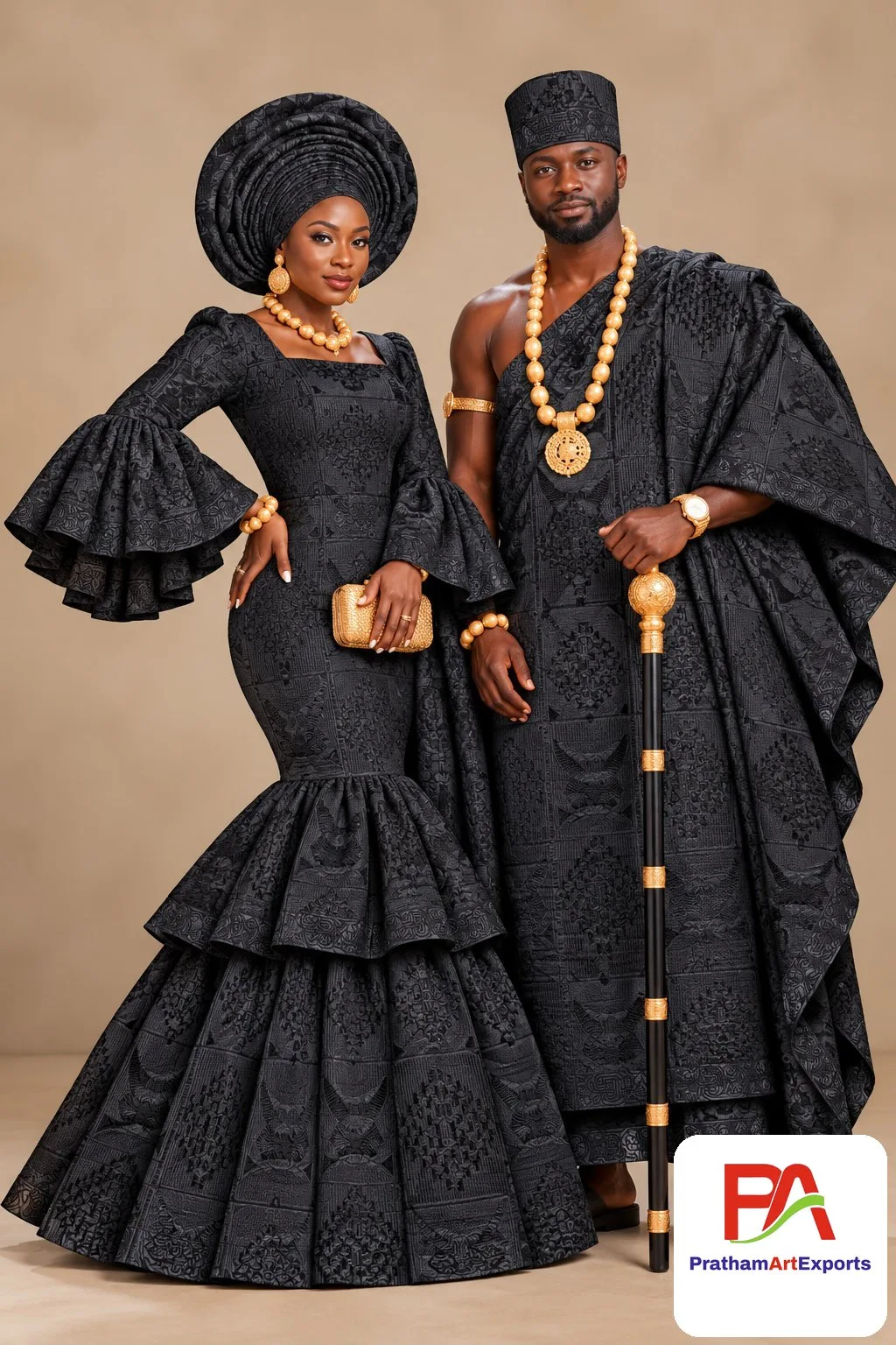 Meba Wo Abrokyere Kente Embroidered Fabric – Black Tone-on-Tone Panel Motifs (G37)