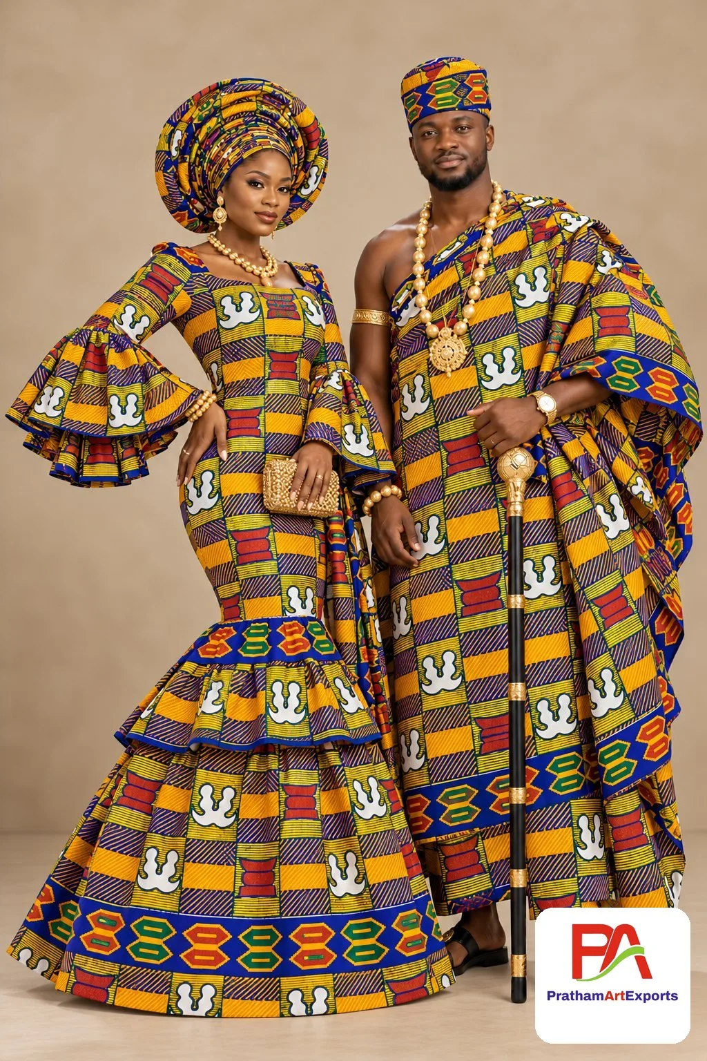 Meba Wo Abrokyere Kente Embroidered Fabric – Gold, Red & Royal Blue Kente Adinkra Blocks (G22)