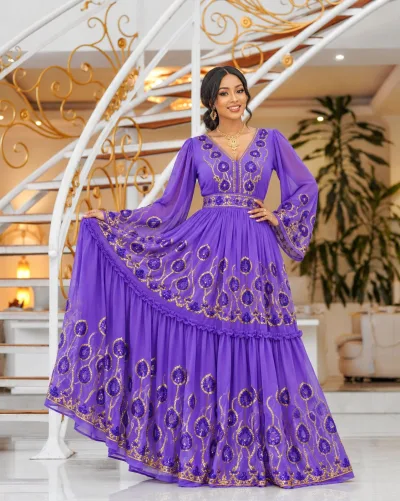 Habesha Chiffon Fabric – Purple Sequin Embroidered Paisley Drop Border (D.No 510)