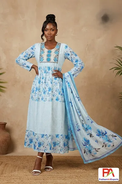 Embroidered Yoke Floral Print Kaftan Dress with Dupatta – 4 Colours (D.No 1028)