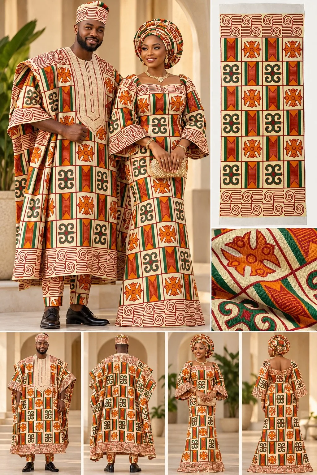 Meba Wo Abrokyere Kente Embroidered Fabric – Orange, Cream & Green Adinkra Squares (G02)
