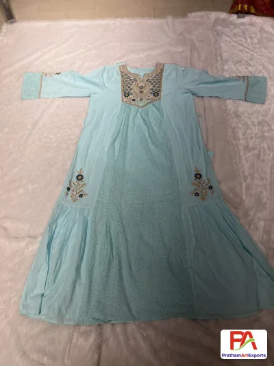 Aqua Blue Kaftan Dress with Gold Floral Yoke Embroidery & Dupatta (D.No DR8)