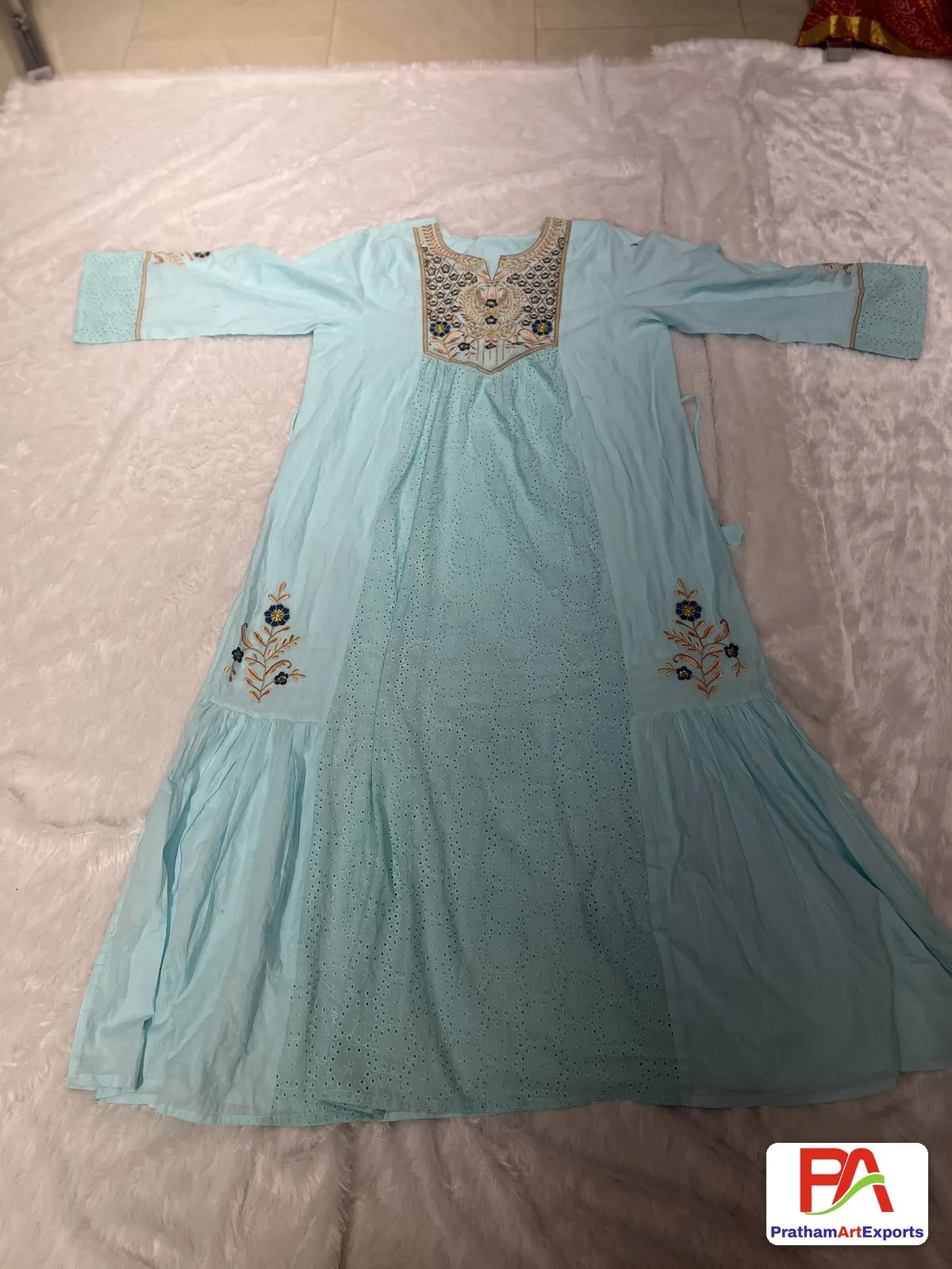 Aqua Blue Kaftan Dress with Gold Floral Yoke Embroidery & Dupatta (D.No DR8)