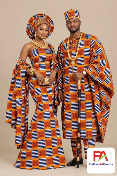 Meba Wo Abrokyere Kente Embroidered Fabric – Orange, Navy & White Striped Kente Checks (G18)