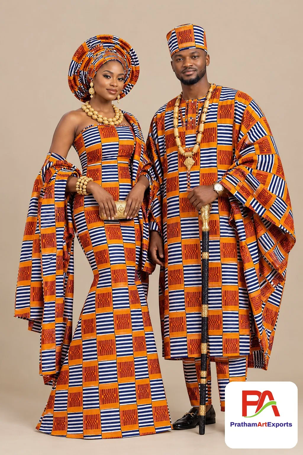 Meba Wo Abrokyere Kente Embroidered Fabric – Orange, Navy & White Striped Kente Checks (G18)