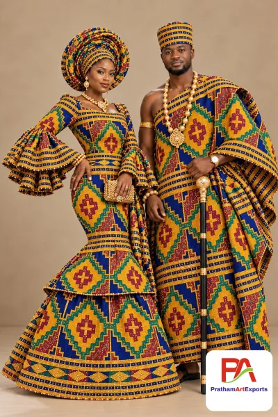 Meba Wo Abrokyere Kente Embroidered Fabric – Gold, Royal Blue & Green Kente Diamonds (G31)