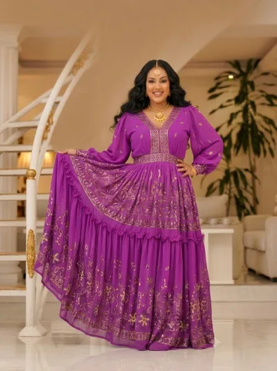 Habesha Chiffon Fabric – Orchid Sequin Embroidered Leaf Vine Border (D.No N2)