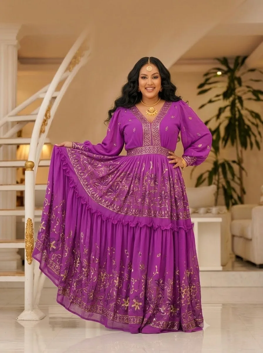 Habesha Chiffon Fabric – Orchid Sequin Embroidered Leaf Vine Border (D.No N2)