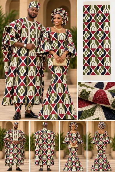 Meba Wo Abrokyere Kente Embroidered Fabric – Burgundy, Olive & Navy Diamond Arrows (G04)