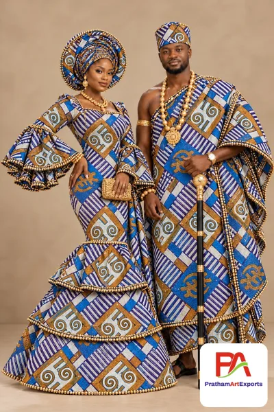 Meba Wo Abrokyere Kente Embroidered Fabric – Royal Blue, White & Gold Diagonal Gye Nyame (G29)
