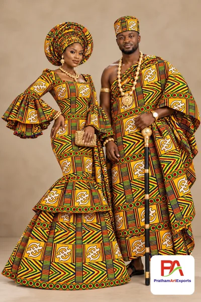 Meba Wo Abrokyere Kente Embroidered Fabric – Orange, Red & Green Gye Nyame Chevrons (G24)