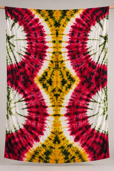 Tie-Dye Boubou Kaftan with Headwrap – White, Pink & Yellow