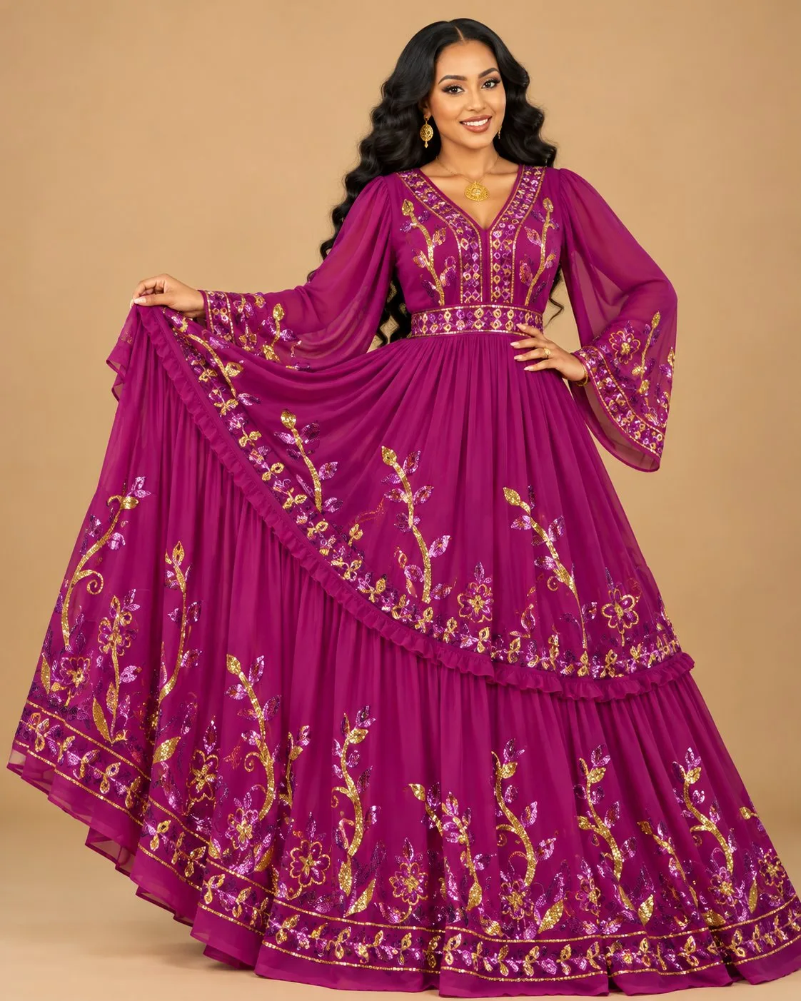 Habesha Chiffon Fabric – Magenta Sequin Embroidered Leaf & Rose Border (D.No 540)