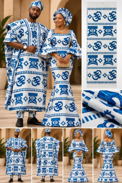 Meba Wo Abrokyere Kente Embroidered Fabric – Royal Blue & White Adinkra Symbols (G05)