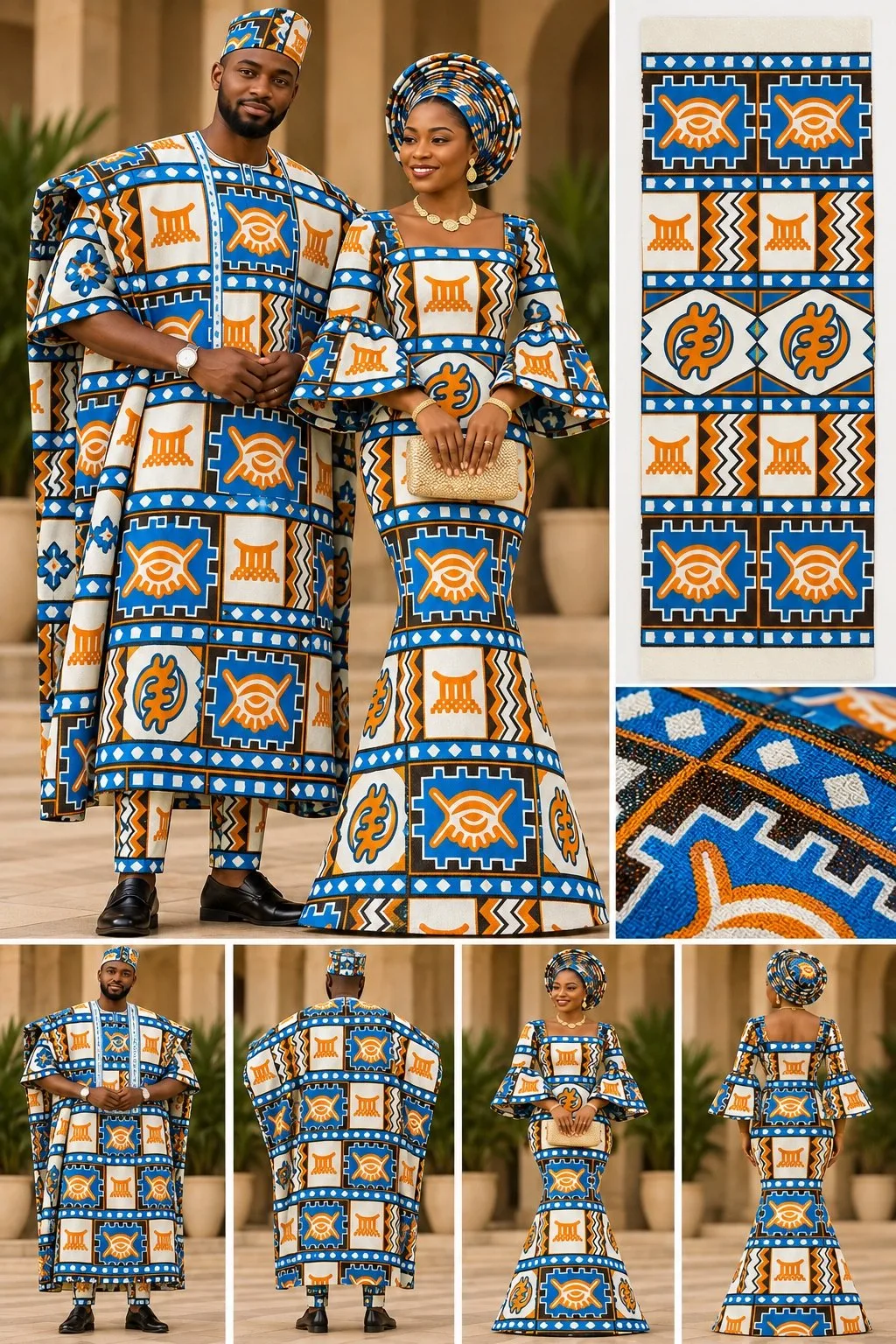 Meba Wo Abrokyere Kente Embroidered Fabric – Royal Blue, Orange & Cream Eye Motif Blocks (G06)