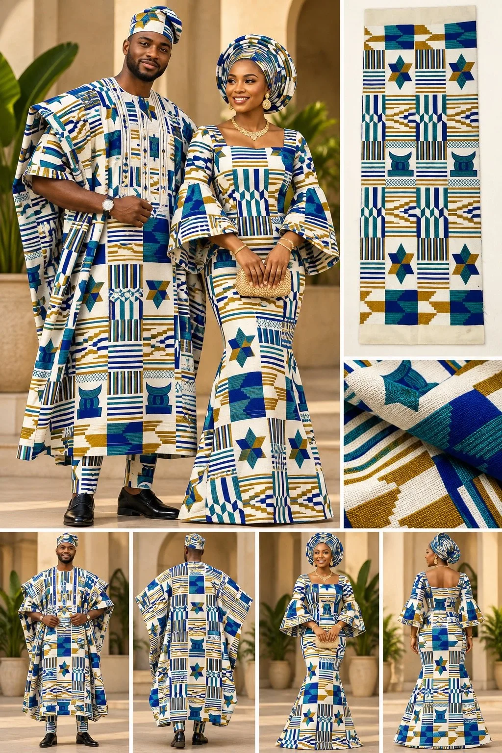Meba Wo Abrokyere Kente Embroidered Fabric – Cream, Royal Blue & Gold Star Kente Blocks (G09)