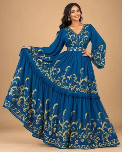 Habesha Chiffon Fabric – Teal Blue Sequin Embroidered Fern Spray Border (D.No 524)