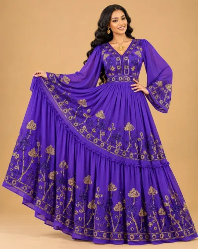Habesha Chiffon Fabric – Violet Sequin Embroidered Tulip Motif Border (D.No 538)