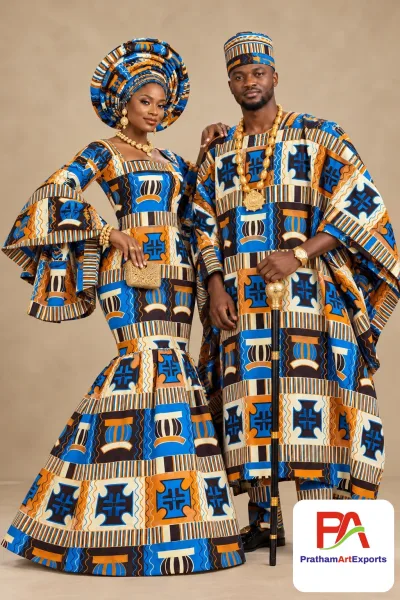 Meba Wo Abrokyere Kente Embroidered Fabric – Sky Blue, Orange & Brown Adinkra Blocks (G21)