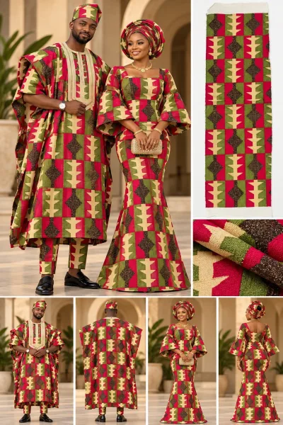 Meba Wo Abrokyere Kente Embroidered Fabric – Red, Olive & Gold Classic Kente Blocks (G11)