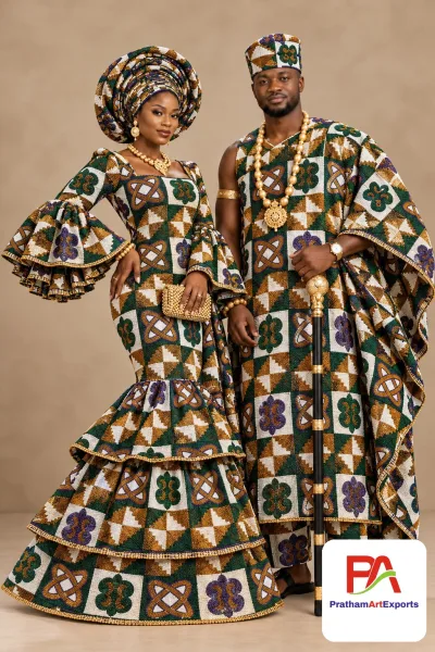 Meba Wo Abrokyere Kente Embroidered Fabric – Green, Gold & White Stepped Kente Knots (G32)