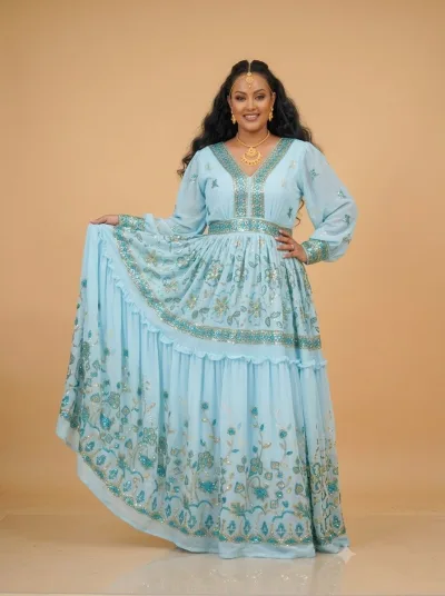 Habesha Chiffon Fabric – Ice Blue Sequin Embroidered Flower Vine & Butti Border (D.No 541)