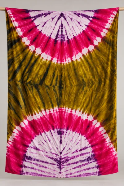 Tie-Dye Boubou Kaftan with Headwrap – Mustard, Pink & Purple