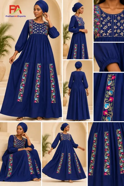 Navy Blue Kaftan Dress with Multicolour Floral Embroidery & Dupatta (D.No DR15)