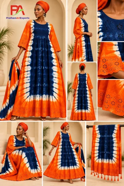 Navy & Orange Tie-Dye Kaftan Dress with Schiffli Work & Dupatta (D.No DR11)