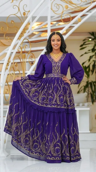 Habesha Chiffon Fabric – Violet Sequin Embroidered Swirl Border (D.No 498)