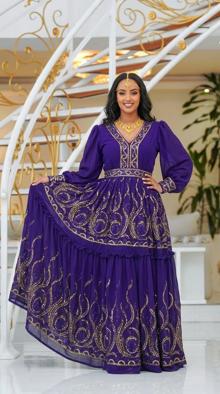 Habesha Chiffon Fabric – Violet Sequin Embroidered Swirl Border (D.No 498)
