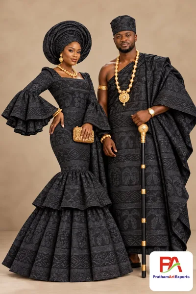 Meba Wo Abrokyere Kente Embroidered Fabric – Black Tone-on-Tone Banded Motifs (G40)