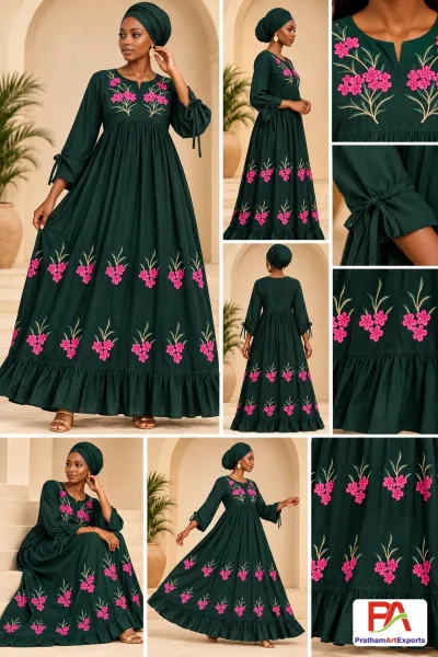 Bottle Green Kaftan Dress with Pink Floral Embroidery & Dupatta (D.No DR6)