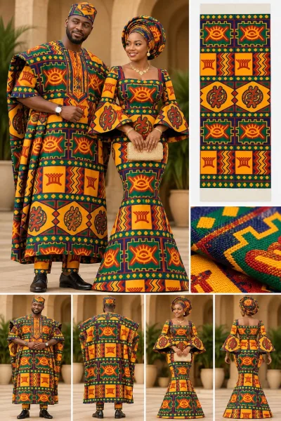 Meba Wo Abrokyere Kente Embroidered Fabric – Orange, Green & Red Geometric Blocks (G07)