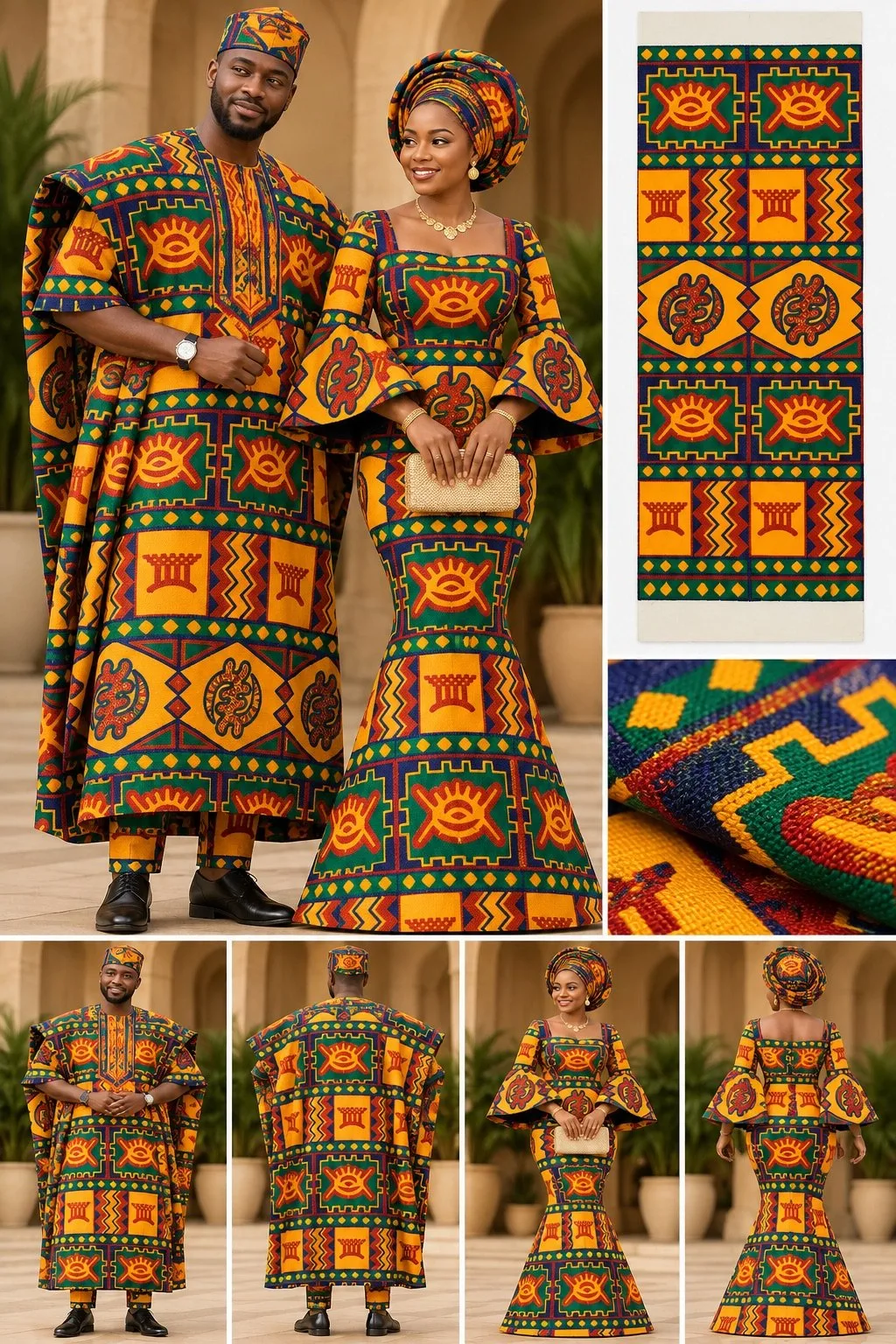 Meba Wo Abrokyere Kente Embroidered Fabric – Orange, Green & Red Geometric Blocks (G07)