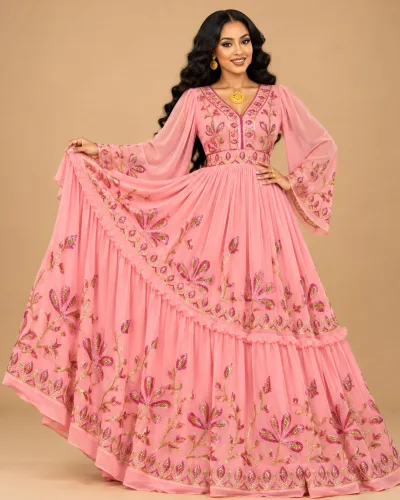Habesha Chiffon Fabric – Peach Pink Sequin Embroidered Bold Flower Spray Border (D.No 536)