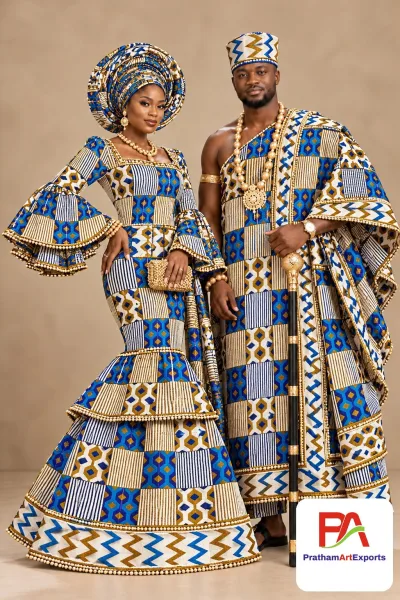 Meba Wo Abrokyere Kente Embroidered Fabric – Cream, Royal Blue & Gold Checkerboard Zigzag (G23)