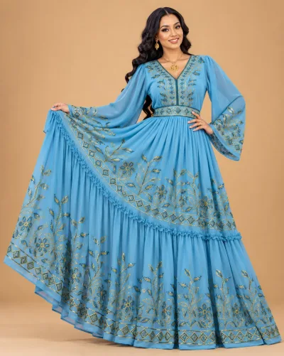 Habesha Chiffon Fabric – Sky Blue Sequin Embroidered Flower Vine & Diamond Border (D.No 535)