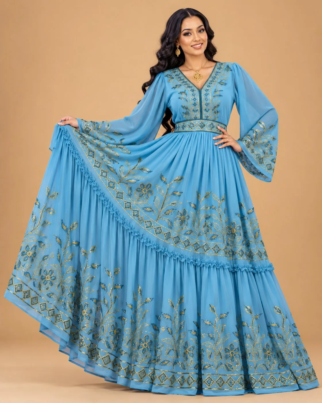 Habesha Chiffon Fabric – Sky Blue Sequin Embroidered Flower Vine & Diamond Border (D.No 535)