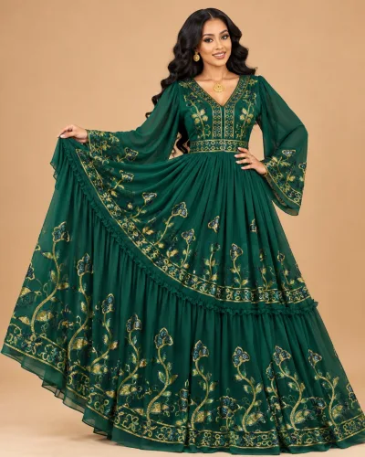 Habesha Chiffon Fabric – Emerald Green Sequin Embroidered Lotus Vine Border (D.No 517)