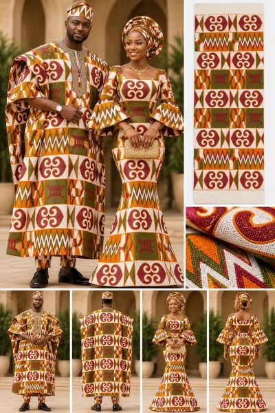 Meba Wo Abrokyere Kente Embroidered Fabric – Orange, Cream & Maroon Swirl Kente (G08)