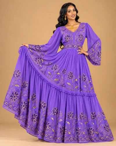 Habesha Chiffon Fabric – Purple Sequin Embroidered Flower Vine Border (D.No 537)