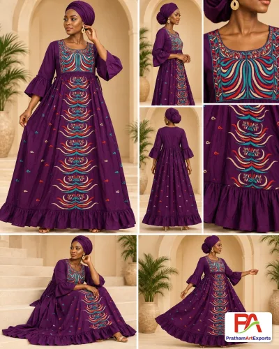 Purple Kaftan Dress with Multicolour Feather Embroidery & Dupatta (D.No DR7)