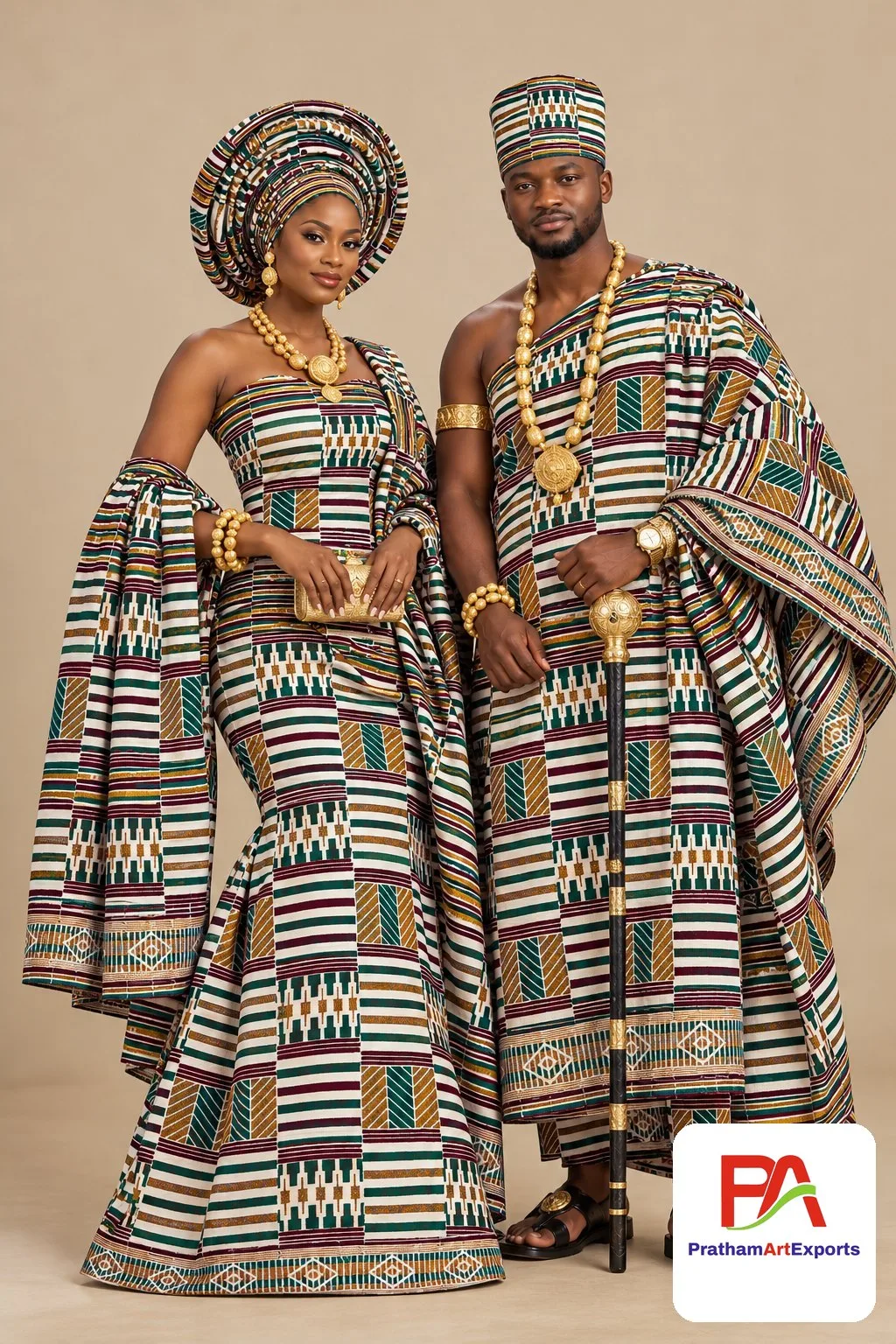 Meba Wo Abrokyere Kente Embroidered Fabric – Cream, Green & Maroon Striped Kente (G19)