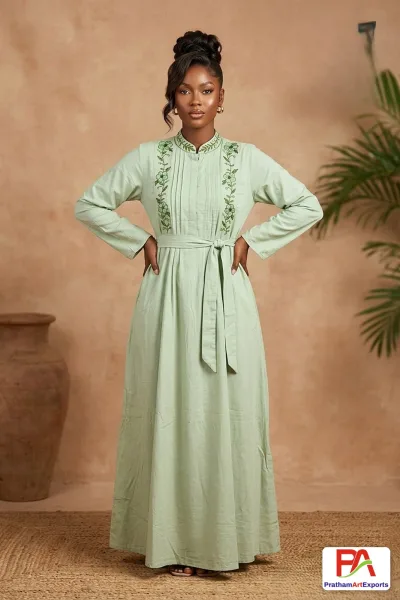 Pintuck Floral Embroidered Kaftan Dress with Dupatta – 5 Colours (D.No 1027)